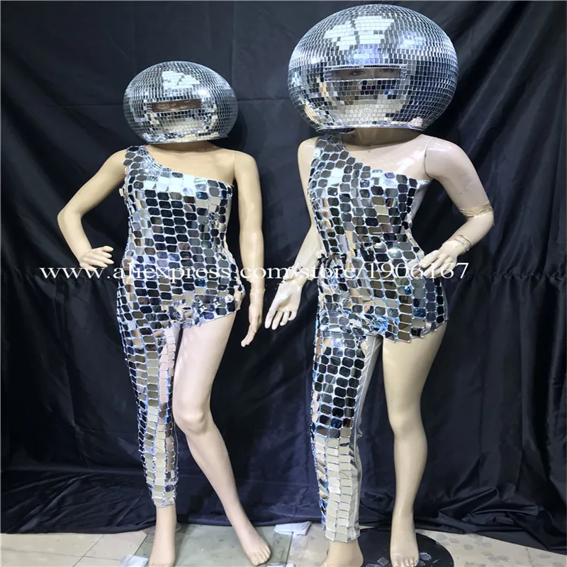 Ballroom Dance Silver Costumes Led DJ Mirror Ball Event Dress DS Disco Catwalk Bar Performance Wears Models Party Mirror Helmet