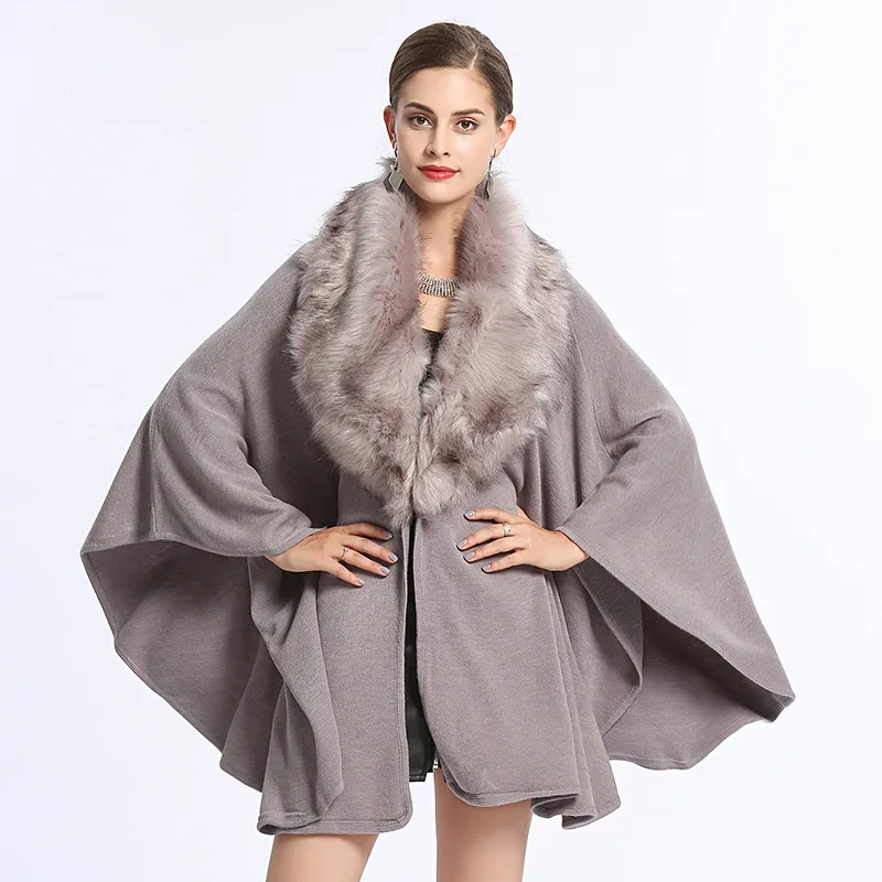 8 Colors Fashion Winter Cloak Cashmere Shawl Overcoat Women Faux Fox Fur Trim Collar Loose Poncho Big Pendulum Cape Streetwear