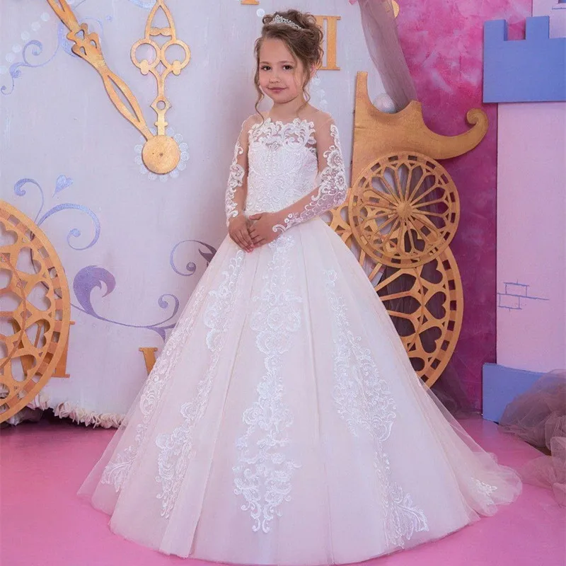 Romantic White Flower Girl Dresses Lace Applique Long Sleeve  For Weddings Girl Tulle Communion Pageant Party Dresses