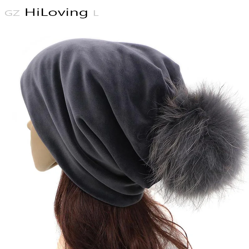 

GZhilovingL New 2017 Women's Hats Autumn Winter Warm Velvet Hat Natural Fur Pompom Cotton Beanies Hat Female Winter Fur Hat Cap