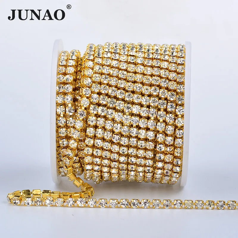 JUNAO SS6 SS12 SS18 Sewing Gold Rhinestone Chain Fringe Crystal Ribbon Trim Glass Applique Strass Banding For Clothes DIY Crafts