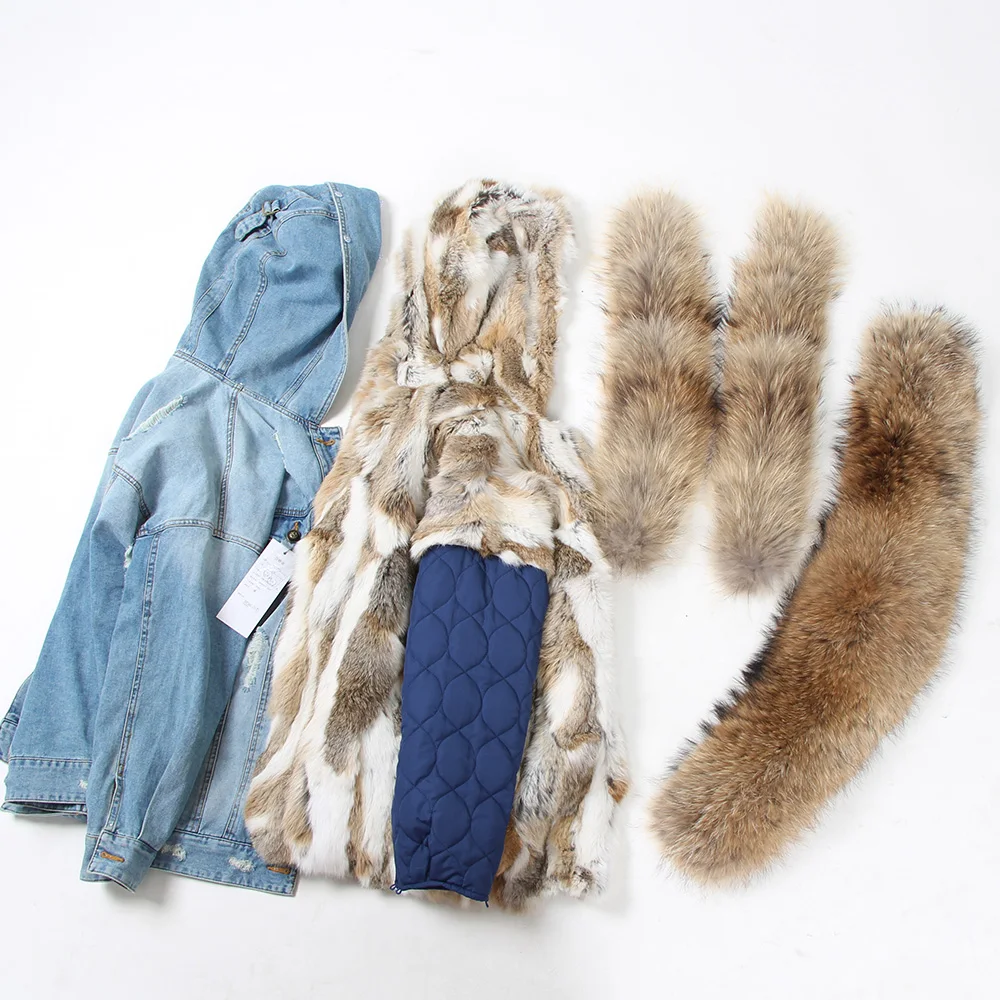 Maomaokong Denim Jacket Parka Winter Women Parkas Real Fur Collar Coat Natural Raccoon Fur Hood Real Rabbit Fur Liner Luxury