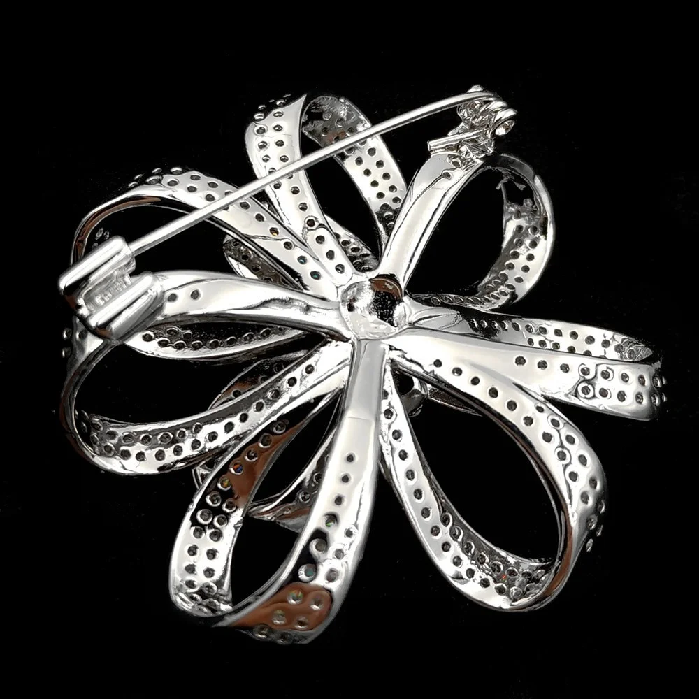 Victorian Vintage Silvertone Micro Pave Clear CZ Ribbon Bow Brooches Circlet Floral Style Bowtie Pin Broach Women Bridal Jewelry