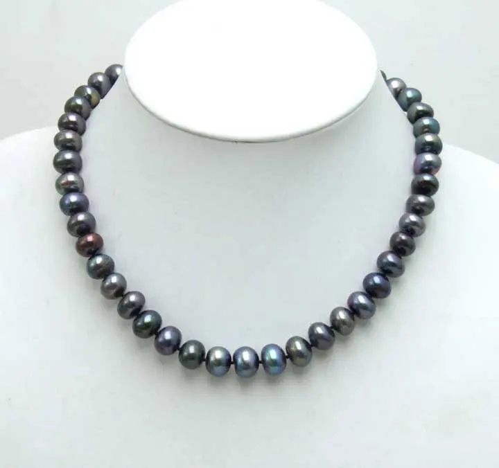 

SALE Big 9-10mm Natural Freshwater Black round flat Pearl 17inch necklace-5357 Wholesale/retail Free ship