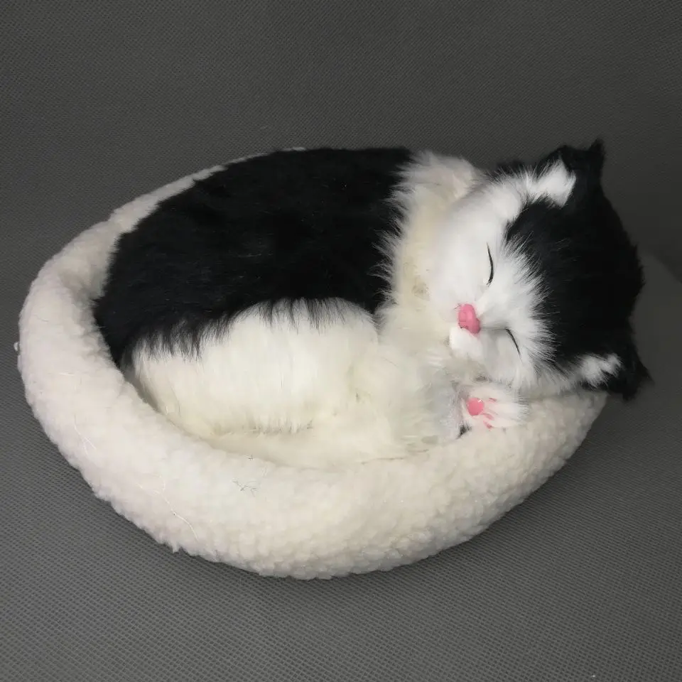 real life toy white-black cat about 25x20cm breathing cat model with mat, polyethylene&furs cat model home decoration gift d1229