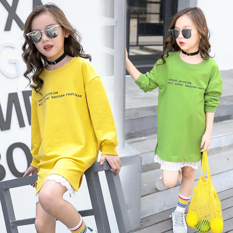 Teenage Girls Hoodie Dress Long Sleeve Girls Dress with Lace Spring New Kids Girls Casual Dresses Girls T-shirt Dress Fall