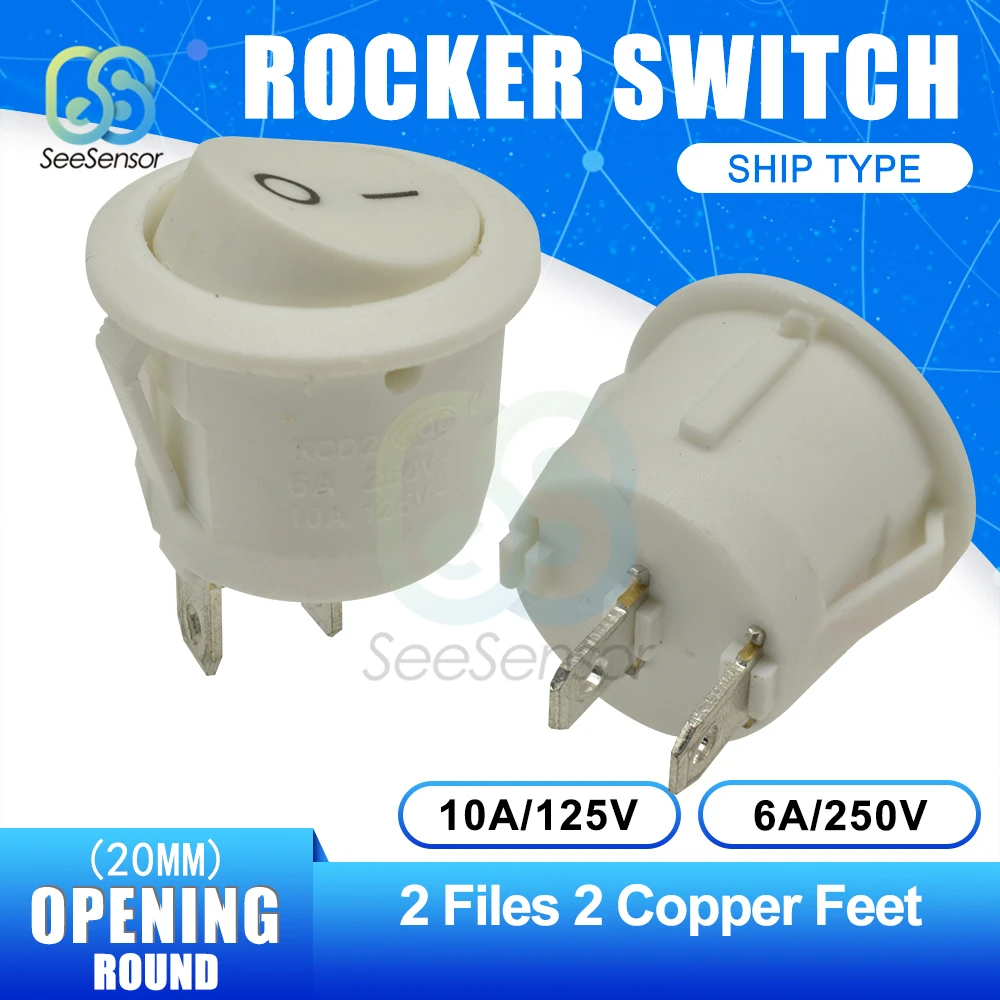 5 개/몫 20mm 미니 라운드 로커 스위치 플라스틱 푸시 버튼 스위치 6A 250VAC 10A 125VAC ON-OFF ON-OFF-ON 2Pin 3Pin
