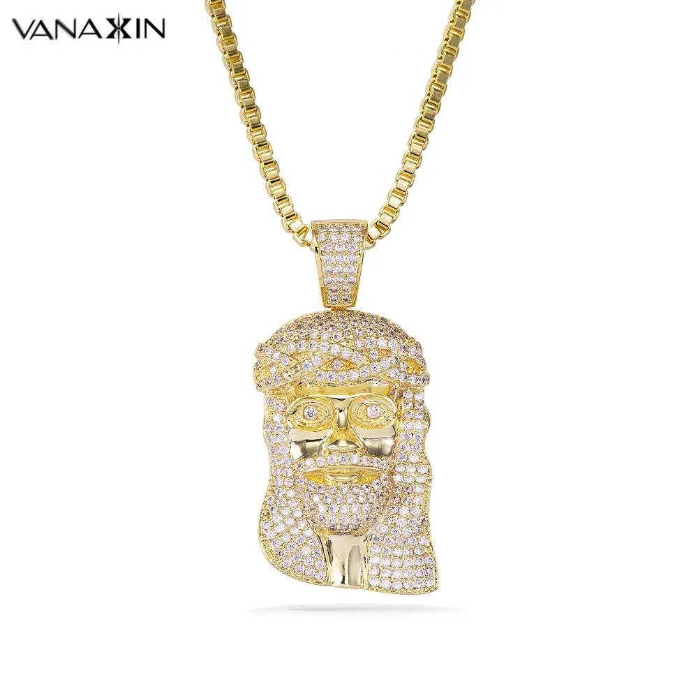 VANAXIN Men Qalo Necklace Pendant Hiphop Jesus Head Crucifix Christianity Jewelry Nazareth Gift Box Chain Mysterious Gift