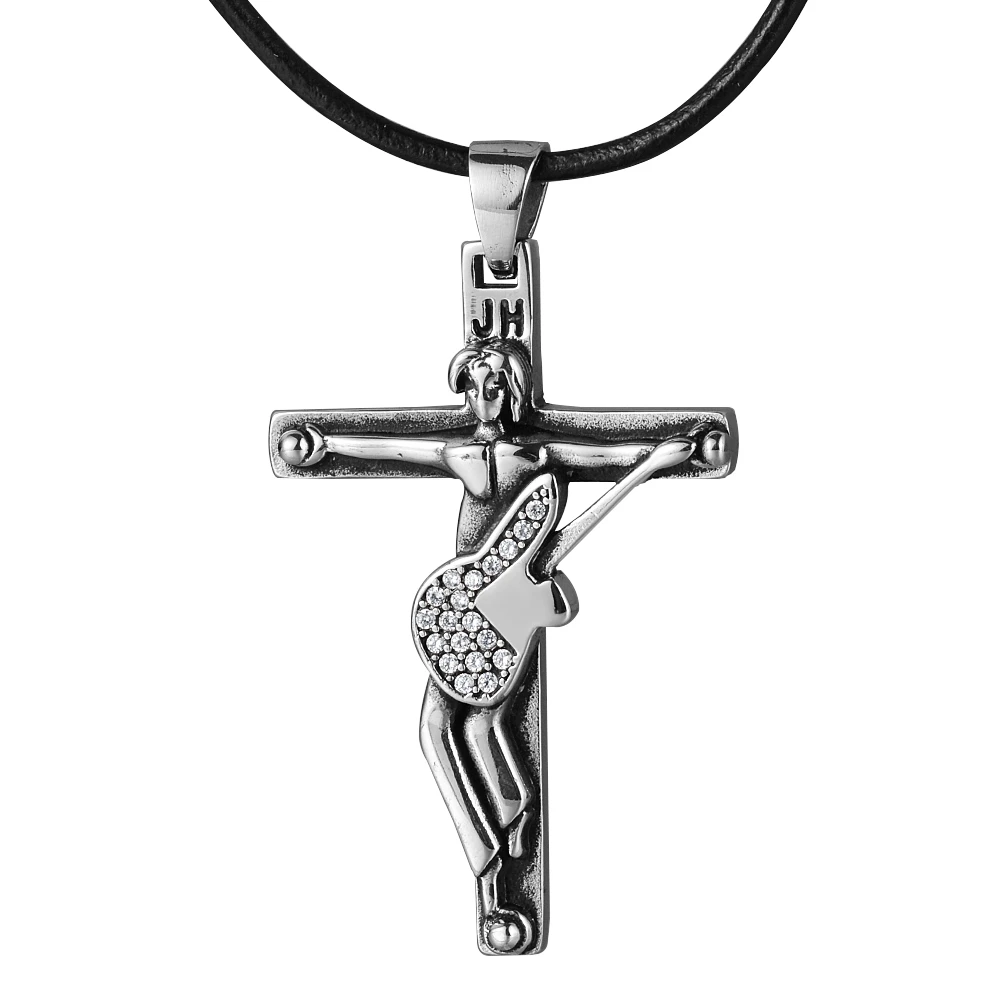 Collane con ciondolo Johnny Hallyday figura commemorare croce chitarra corda catena collana gioielli per ricordare Collier Femme