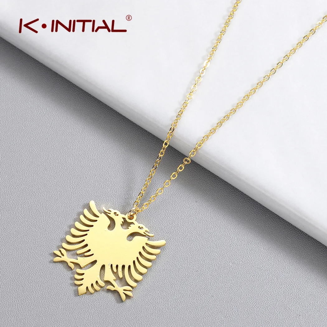 Kinitial New Albania Double Eagle Pendants Necklaces Stainless Steel Choker Jewelry for Women Girls Ethnic Gifts bijoux femme