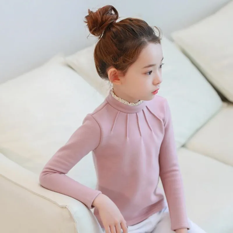 Fashion Kids Girl Shirt Winter Long Sleeve Soild Lace Turtleneck Thick Velvet Princess Girls Top For 2-12Years Children Clothes