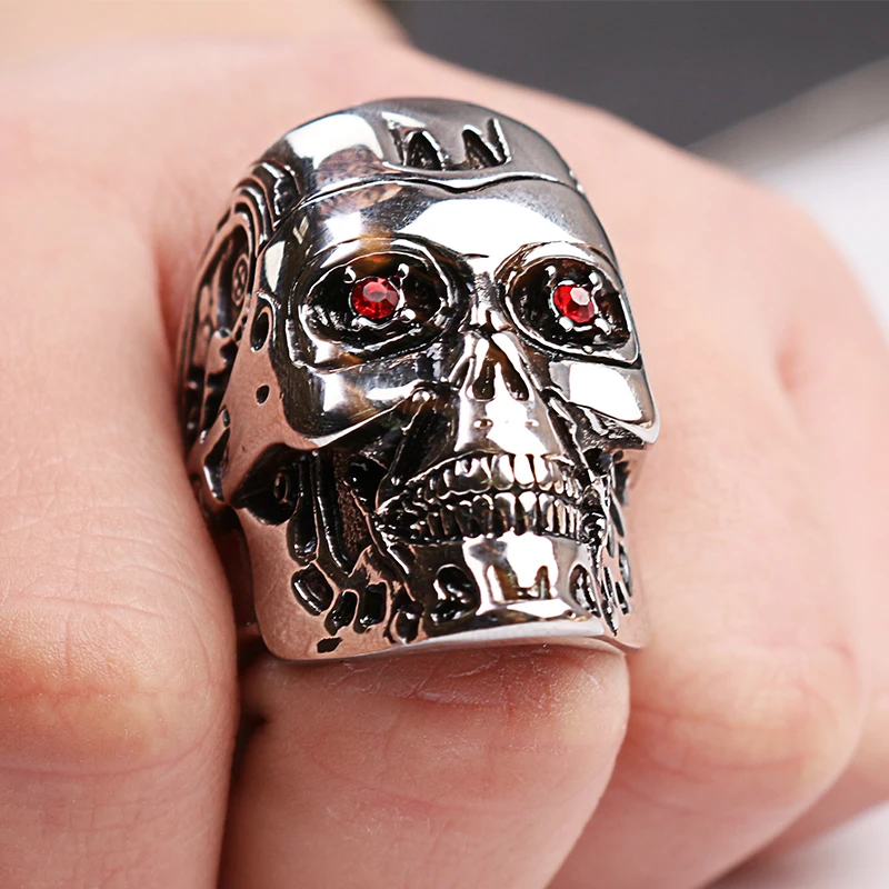 RJ Game Film Terminator Mask Skull Cool Men Rings Retro High Quality Steampunk Biker Skeleton Red Crystal Ring Jewelry