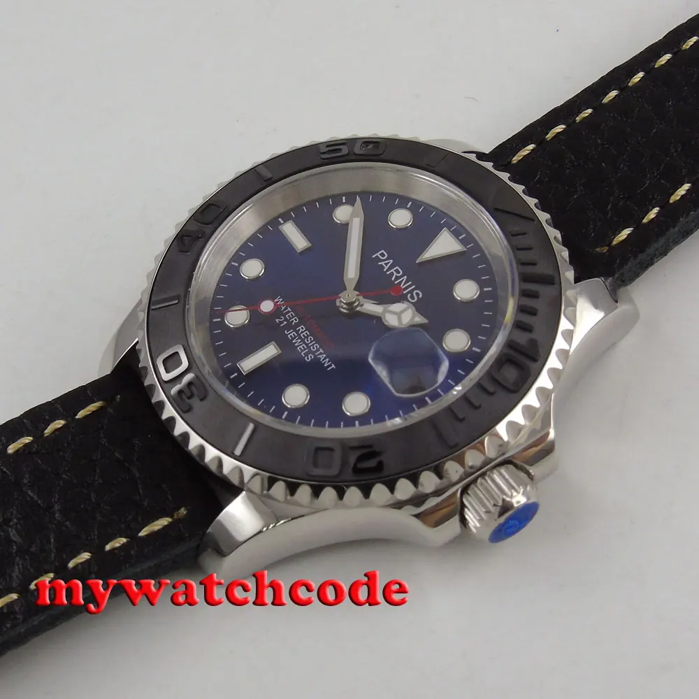 41mm Parnis blau zifferblatt saphirglas Keramik lünette miyota automatische herren uhr