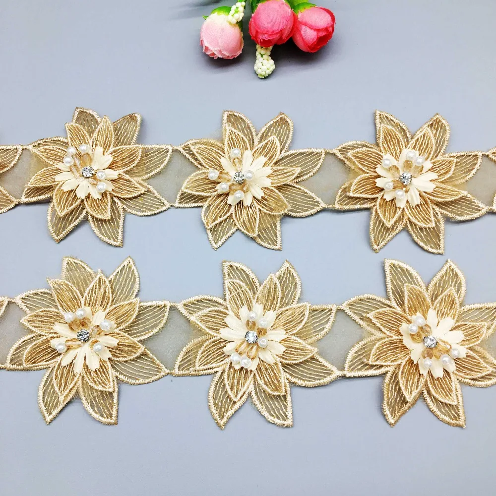 

20X Gold Flower 3D Diamond Beaded Lace Trim Bridal Wedding Dress Ribbon Fabric Handmade Embroidered Applique Sewing Craft