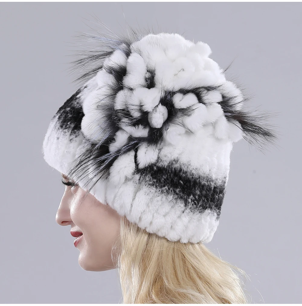Neue Russische Damen Echt Rex-Kaninchenfell Mützen Luxuriöse Gestrickte Blumen Echte Rex-Kaninchenfell Kappe Winter Echt-Fell Beanie Mütze – Detail 27