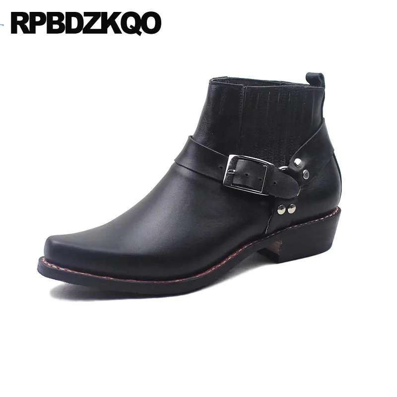 Chunky Square Toe Harness Motorcycle Goodyear Welted Full Grain Chelsea Slip On Plus Size Ankle Male Handmade Shoes Boots Men