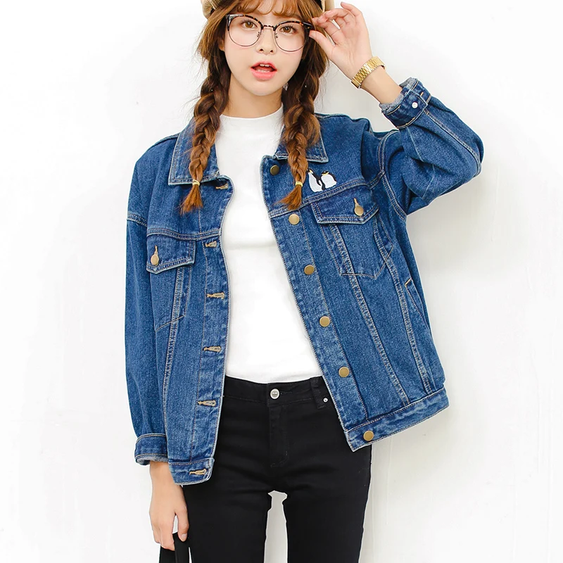 Fashion cartoon penguin print  jeans jackets women oversized Boyfriend style denim jacket punk chaquetas mujer vintage Coat