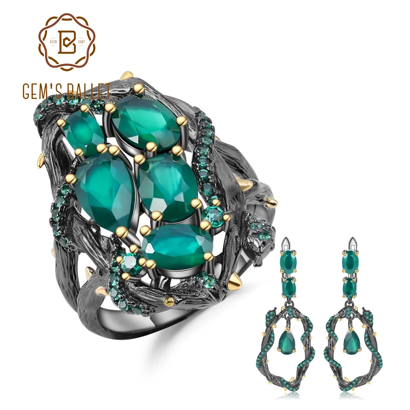 

GEM'S BALLET Real 925 Sterling Silver Handmade Ring Earrings Sets For Women Natural Green Agate Gemstone Vintage Jewelry Set