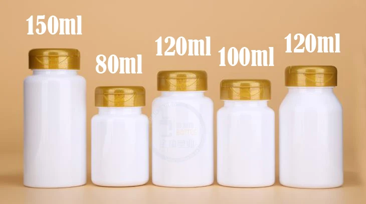 100pcs 80ml/100ml/120ml/150ml White Color Bottles Golden Flip Caps, Capsules Bottles, Medical Bottles, Pills / Powder Bottles