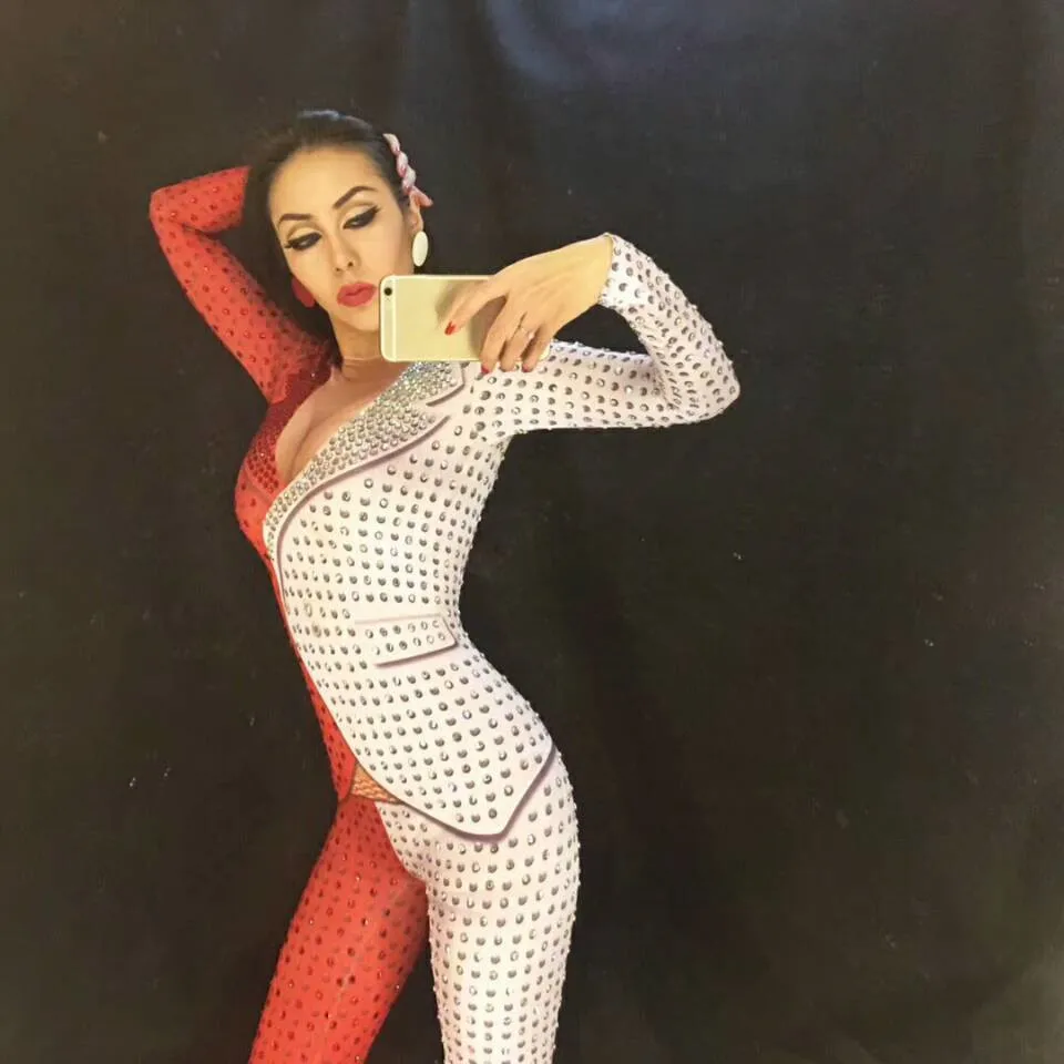 

Women Red And White Sparkly Rhinestones Jumpsuit Female Singer Leotard Crystals Stage Costumes Nightclub Performance Clothing