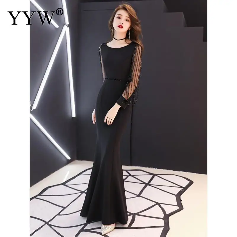 Elegant Celebrity Party Mermaid Dress Women Wine Red Long Sleeve Rhinestone Chain Fishtail Long Party Dress Club Formal Vestidos