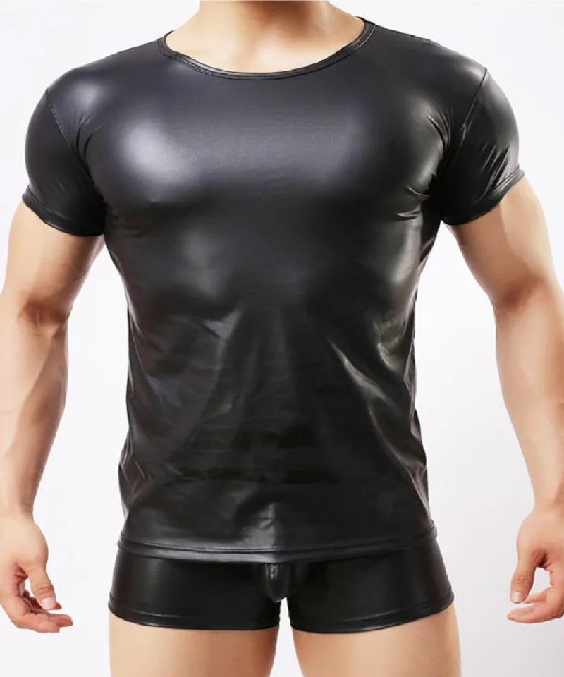 

Hot Sale Man Black Faux Leather Sexy Simple Vinyl Lingerie Short Sleeve Top Vinyl Men Sleepwear Erotic Underwear Set XL WT5791