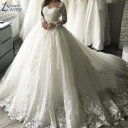 LAYOUT NICEB Gorgesous Vestidos De Casamento Mangas Compridas Vestido De Baile Lace Applique Luxo Nupcial Mulheres Vestido De Noiva Robe Mariee Brilhante vestido de casamento vestido de dança de mangas compridas, desen