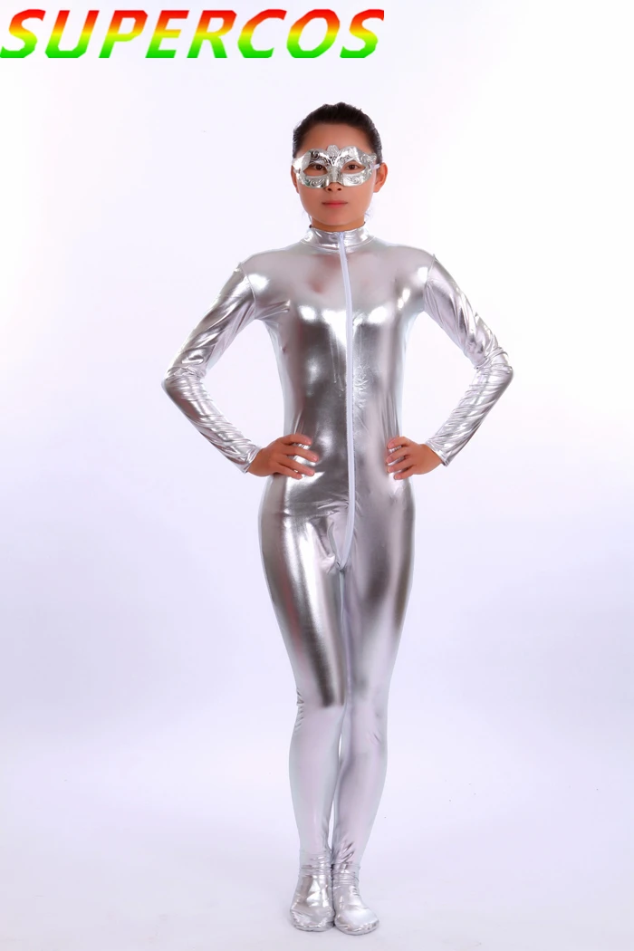 Collants Zentai de haute qualité pour fête de carnaval d'halloween, couleur argent, gélatinisé, Costume de spectacle sur scène pour DJ, Costume de Cosplay d'halloween