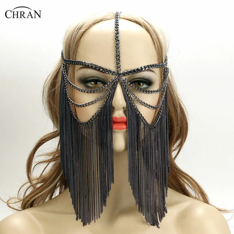 

Chran New Sexy Women Multi Layer Tassel Face Chain Mask Headdress Jewelry Headband Chainmail Face Cover Body Jewelry CRB4140