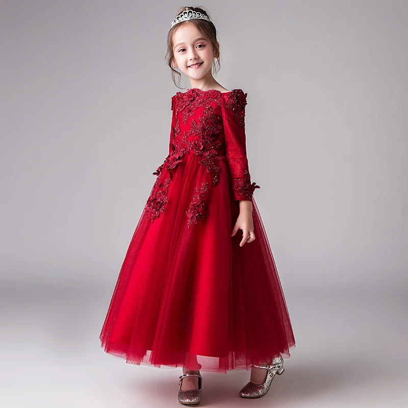 Elegant Appliques first communion dresses Shoulderless Vestido Daminha Casamento Party Ball Gown Red Organza Flower Girl Dresses