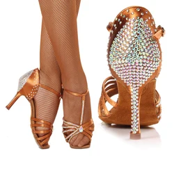 Zapatos de baile latino de tacón medio con diamantes de satén importados de alta calidad para mujeres y adultos, taladro profesional para salón, STOCK