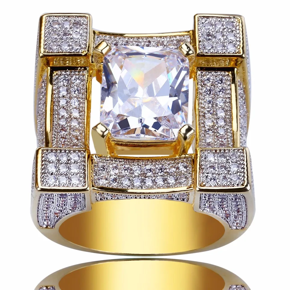 AAA Cubic Zirconia Ice Out Bling Golden Big Wide Hip Hop Rings Gold Color Geometric Men Hiphop Rapper CZ Ring Jewelry