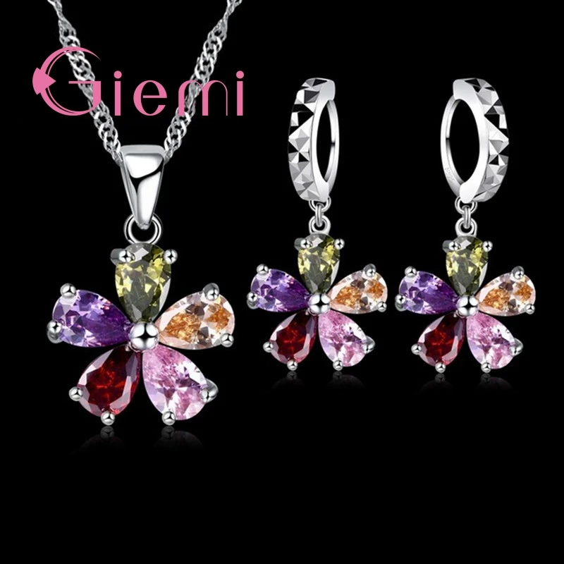 Big promotion Five Petaled Flowers Shinning Colorful CZ Crystal Pendant Jewelry Sets Gift  925 Sterling Silver Necklace Earrings