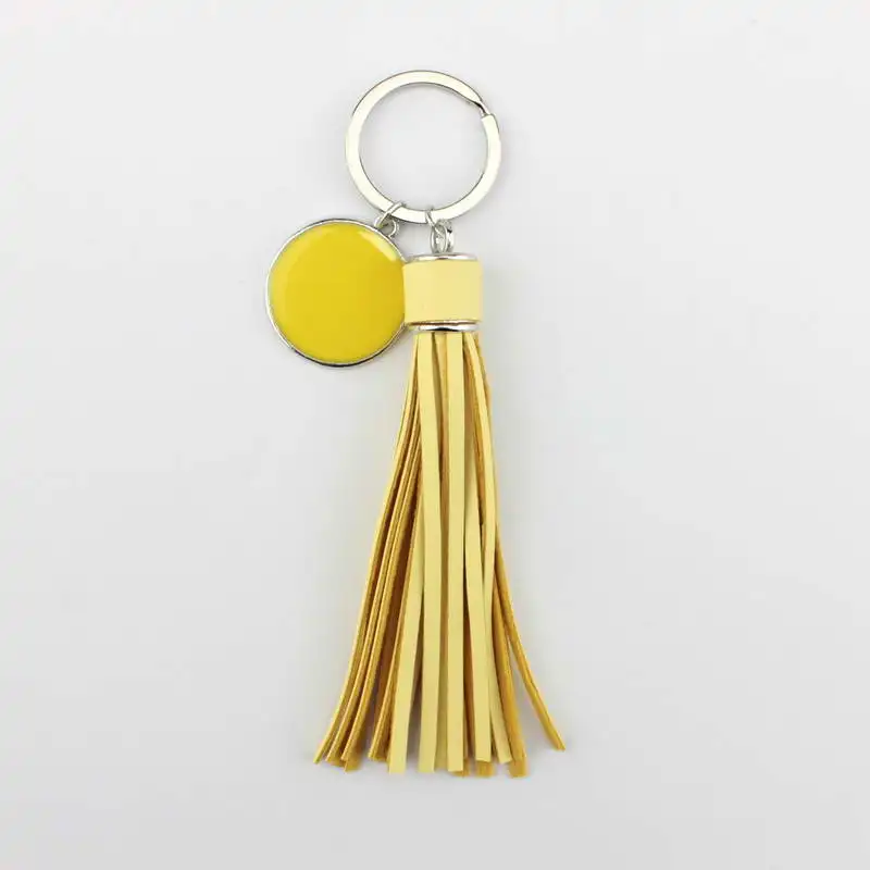 ZWPON Fashion  Round Monogram Pompom PU Leather Tassel Keychain Bag Charms Key Ring Colorful Enamel Female Jewelry Wholesale