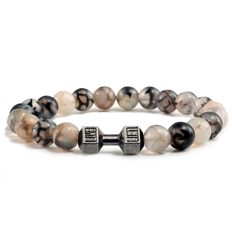 Natürliche Vulkanstein Armband Männer Matte Schwarz Lave Weiße Perlen Charme Hantel Strang Armbänder Frauen Barbell Fitness Schmuck