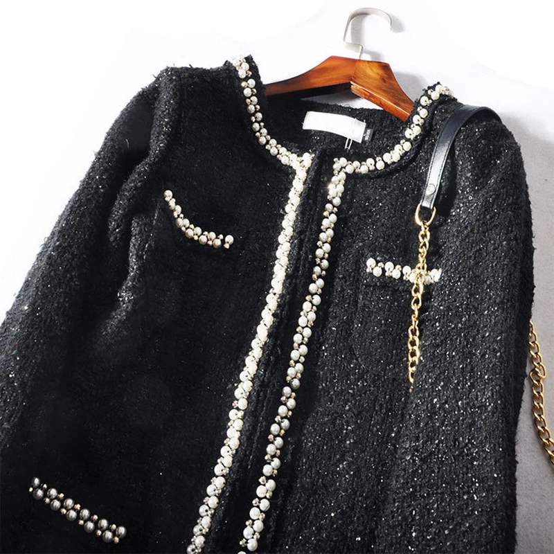 Women\'s Long Sleeve Trench Coat with Pearls, Long Tweed Coats, Windbreaker, Plus Size, Autumn, Winter, New, 2025