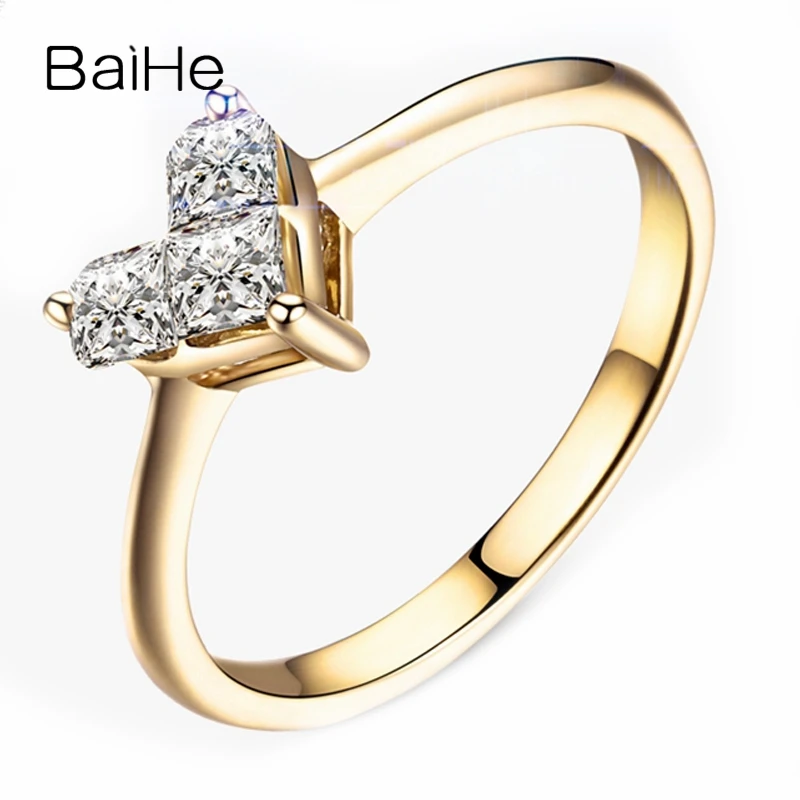 BAIHE Solid 18K Yellow Gold 0.45ct H/SI Princess Three Natural Diamonds Engagement Women Trendy Fine Jewelry Diamond Heart Ring