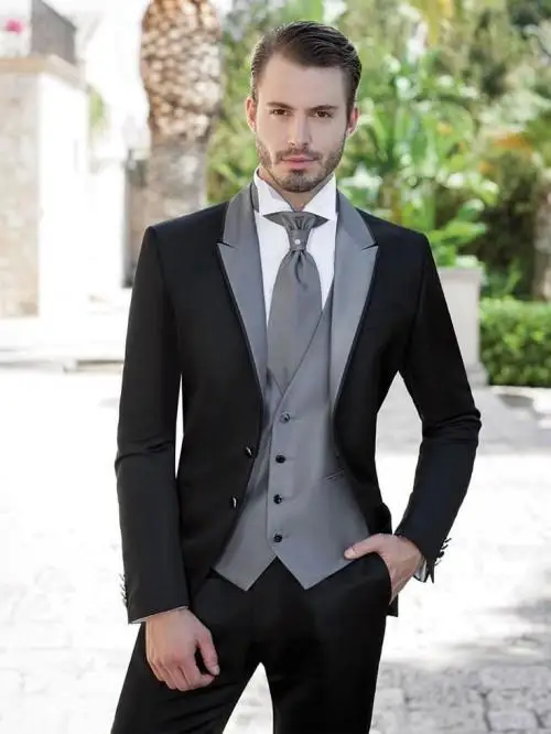 

New Arrival Groom Tuxedo Black Groomsmen Peak Lapel Wedding/Dinner Suits Best Man Bridegroom (Jacket+Pants+Tie+Vest) B535