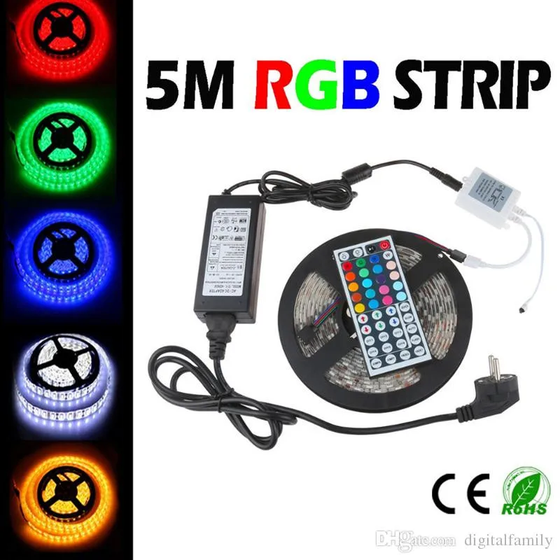 LED Strip Light RGB 5050 5M LED Strips Christmas Waterproof With 44 Keys IR Remote Controller+DC12V 5A Power Adapter Retail Box