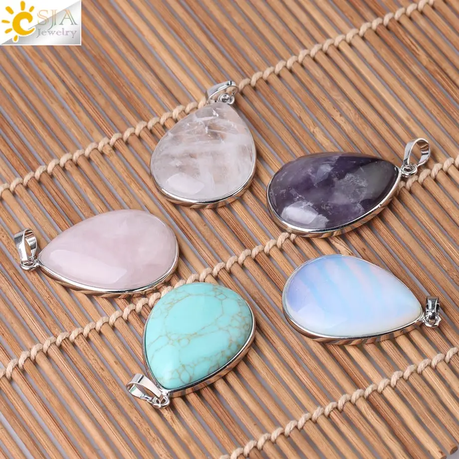 CSJA Natural Stone Pendants  Tiger Eye Pink Quartz Purple Crystal Lapis Necklace Water Drop Flat Bead Women Healing Jewelry F982