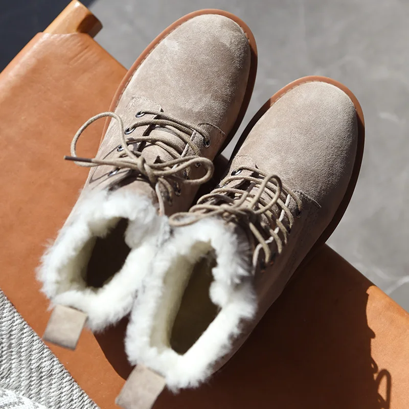 BeauToday Wool Snow Boots Women Genuine Leather Round Toe Lace-Up Platform Winter Ladies Ankle Length Shoes Handmade 03281