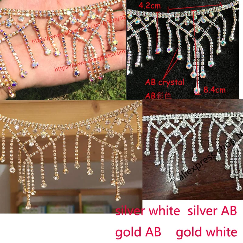 88cm/lot gold AB luxurious clear crystal rhinestone chain with long stone tassel fringe for bridal hair wedding dress decoration