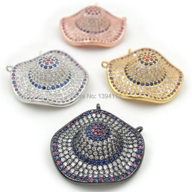 

25*25*10mm Micro Pave Blue&Fuchsine&Clear CZ Wavy Brim Hat Charm Of Double Circles Fit For Women As Necklaces Accessory