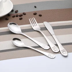(4pcs) Children Cutlery Set Stainless Steel Kids Knife Fork Food Tableware Cartoon Bear Dinnerware Set