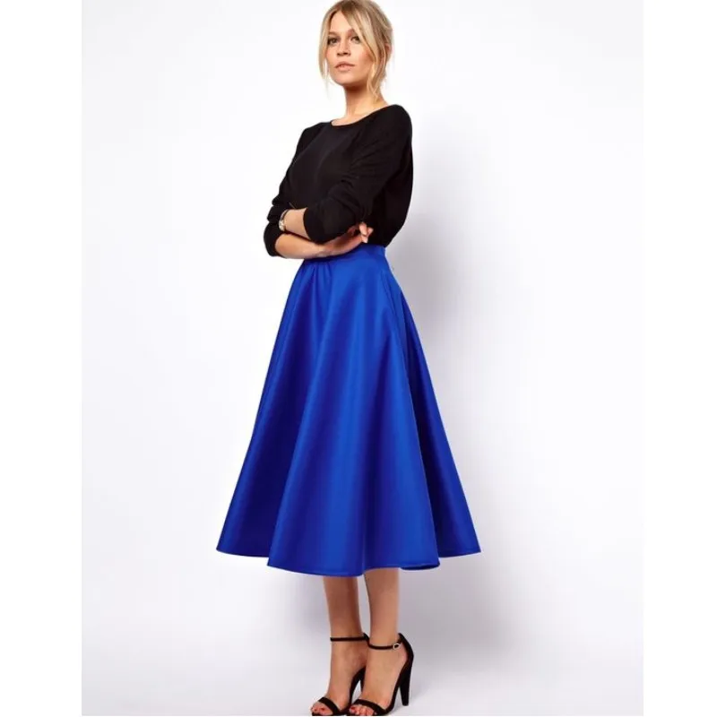 Modest Royal Blue Tea Length Satin Skirts For Women Elegant Office Lady Skirt Female Saias High Quality Custom Made Bottom