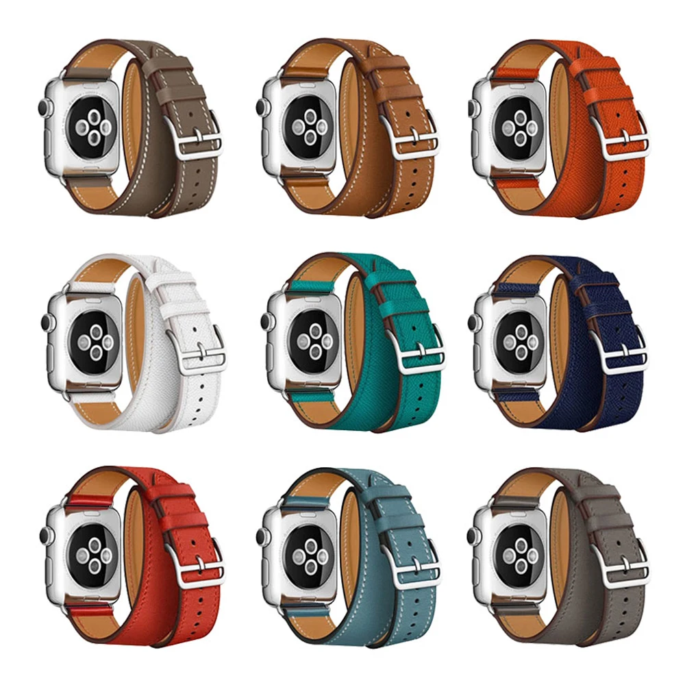 Double tour for Apple watch band 44mm 40mm 45mm 41mm 42mm 38mm Genuine Leather correa bracelet iWatch series 3 4 5 se 6 7 strap