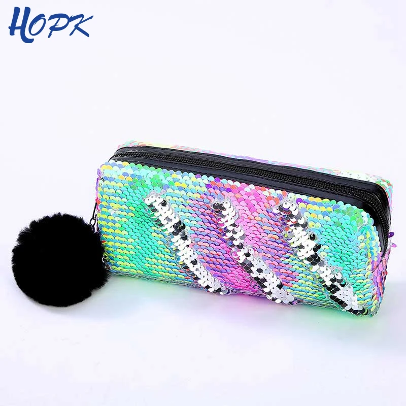 Kawaii School Pencil Case Reversible Sequin Hairball Pencil Case For Girls Cute Pencil Box Student Supplies Stationery Gift