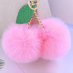 Original Cherry Pompom Ball Keychain Fluffy Faux Rabbit Fur Pompon Key Chain Pom Pom Toy Keyring Bag Charms Car Trinket