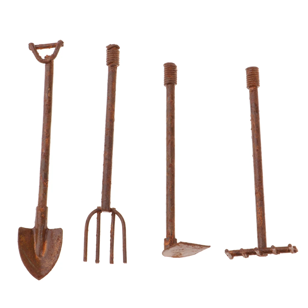 4 Pieces Dollhouse Miniature 1:12 Gardening Tools Metal Shovels and Pitchfork Furniture Set