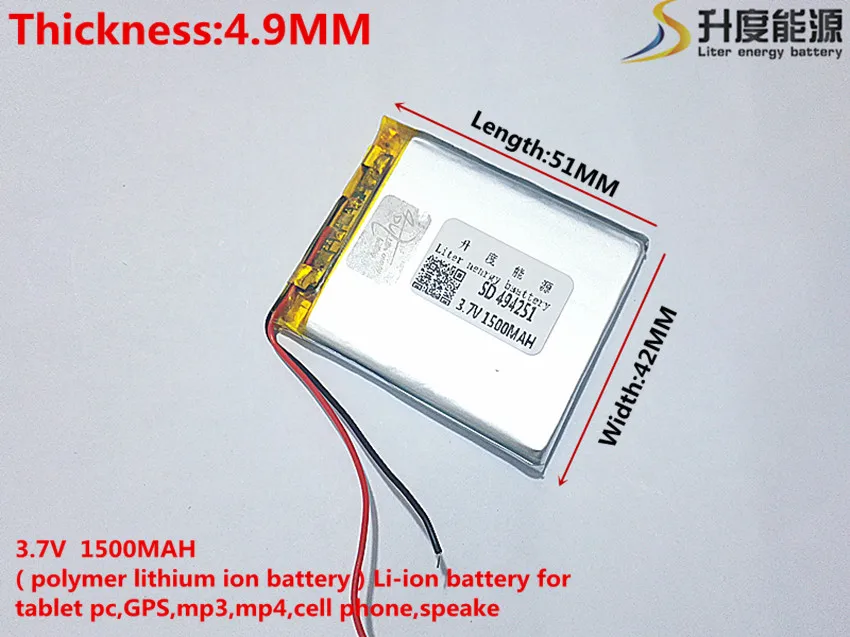 3.7V 1500mAh 494251 lithium polymer battery MP3 MP4 navigation instruments small toys and other products Universal Battery